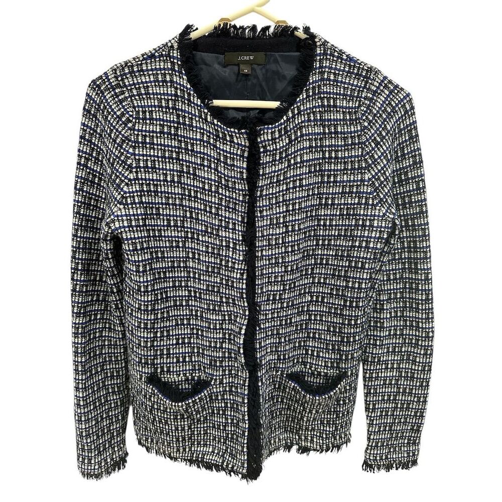 J. Crew Women's XS Blue Tweed Fringe Blazer Jacket Business Casual